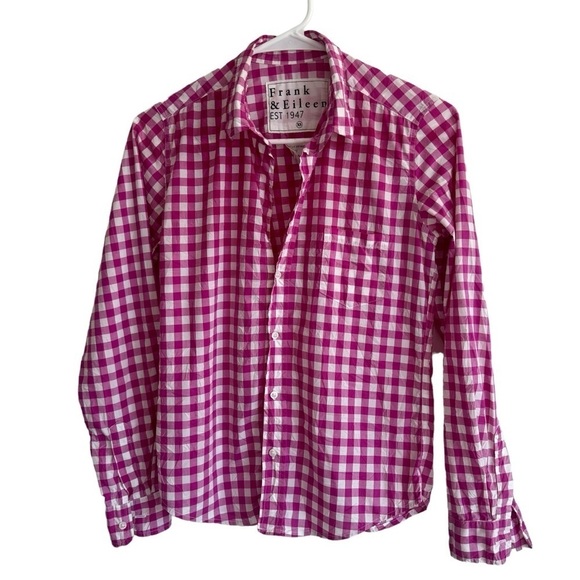 Frank & Eileen 'Barry' Pink Gingham Crinkle Button Up Shirt, Size XS - Picture 2 of 8